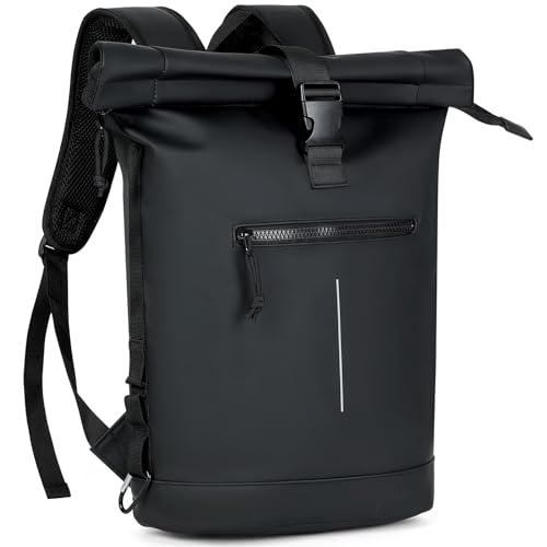 Lekeinchi Rolltop Rucksack Wasserdicht für Damen & Herren, Großer, mit Computerfach für 17 Zoll Laptop, Elegant Reiserucksack Daypack für Reisen, Radfahren, Uni Schule-Schwarz